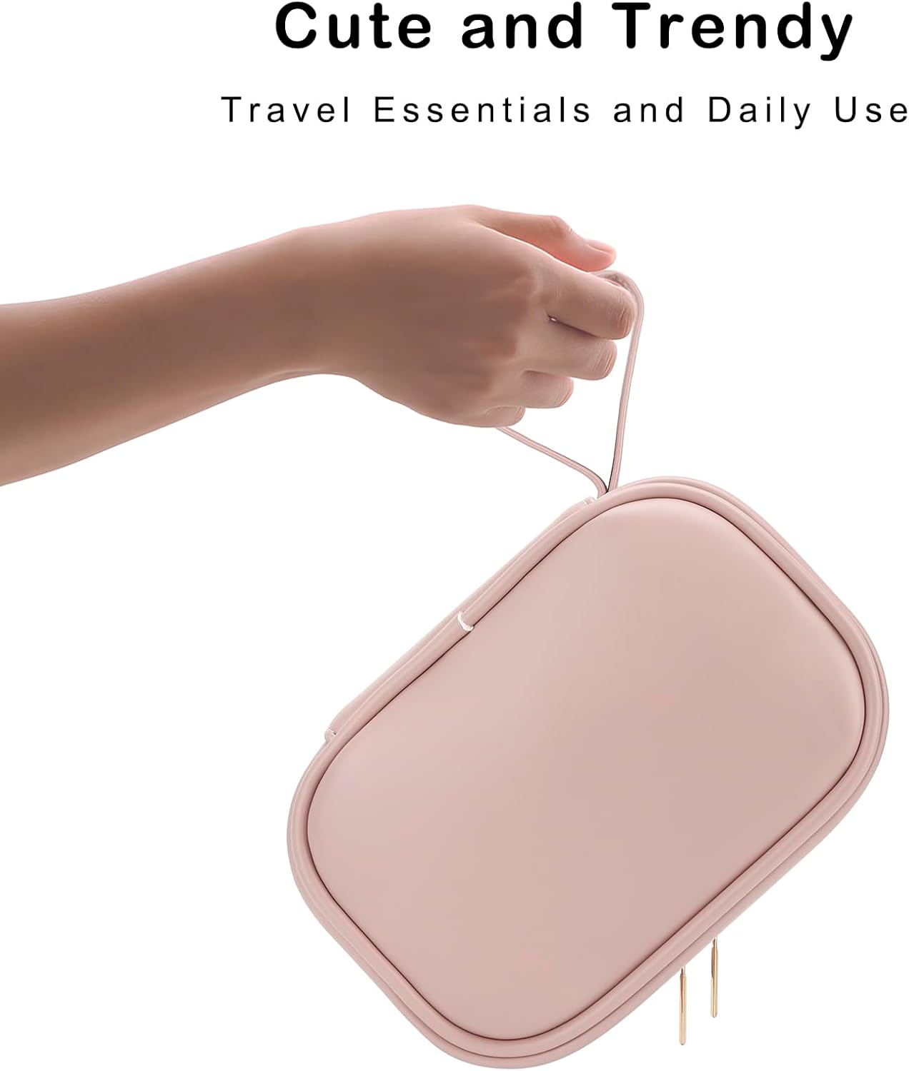 E-Tree PU Leather Makeup Bag for Women – Double Zipper Travel Cosmetic Bag Organizer, Waterproof Small Toiletry Pouch for Girls, Skincare & Accessories, Cute Pink Makeup Case with Wrist Strap