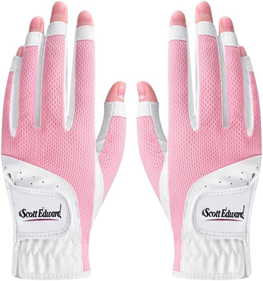 Scott Edward 1 Pair Open-Finger Women's Golf Gloves 2 Pack Left Right Hand Lady Fingerless Golf Gloves PU and Microfiber Breathable Mesh Fabric Cool and Comfortable