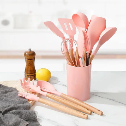 12-Piece Silicone Kitchen Utensil Set: Heat resistant up to 446°F. Includes Turner, Tongs, Spatula, Spoon, Brush, Whisk, Wooden Handles, Holder for Nonstick Cookware. (Pink), Medium