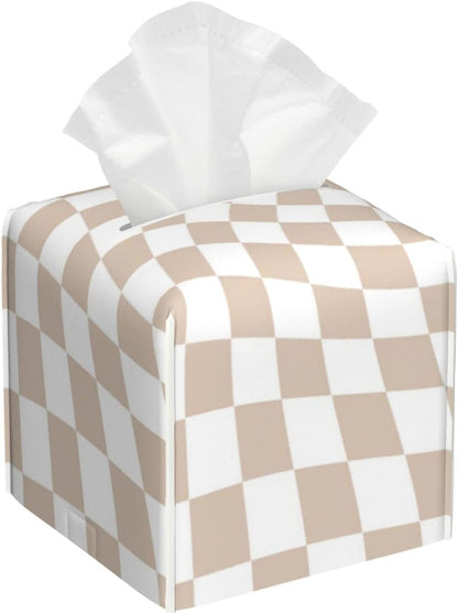Retro Sand Rose Pink Pastel Warped Checkerboard Square Leather Tissue Box Cover 5.2"x5.2" Tissue Holder with Bottom Belt for Bathroom Tabletop Car Office Home Kitchen