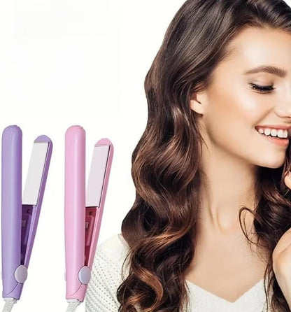Mini Straightener, Multi-Color Plates, Quick Heating, Damage-Free, Bangs Clip, Dual-use for Curling and Straightening (Pink)