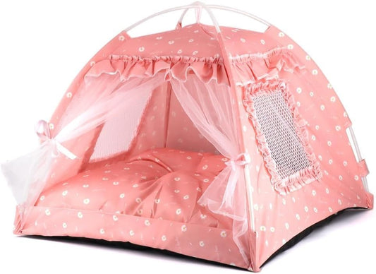 Dog Tent Indoor Cat House Pink Puppy Bed Portable Pet Teepe Princess Dog Camping Tent Outdoor Kitten Houses Cute Bunny Nest Girl Kitty Cave, Small (13.8" x 13.8" x 11.8")