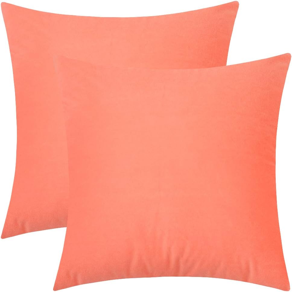 Set of 2 Comfortable Throw Pillow Cover for Bedding, Decorative Accent Cushion Sham Case for Couch Sofa, Soft Solid Velvet with Zipper Hidden - 18"x18", Living Coral
