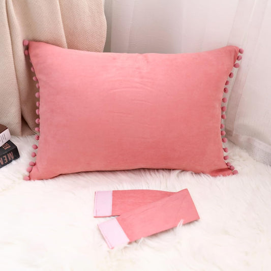 Boho Decorative Throw Pillow Covers with Pom Poms Soft Velvet Pillow Cases Bow Lumbar Pillow Covers 14 x 20 Cushion Case for Bed Couch Living Room Decor Dusty Pink