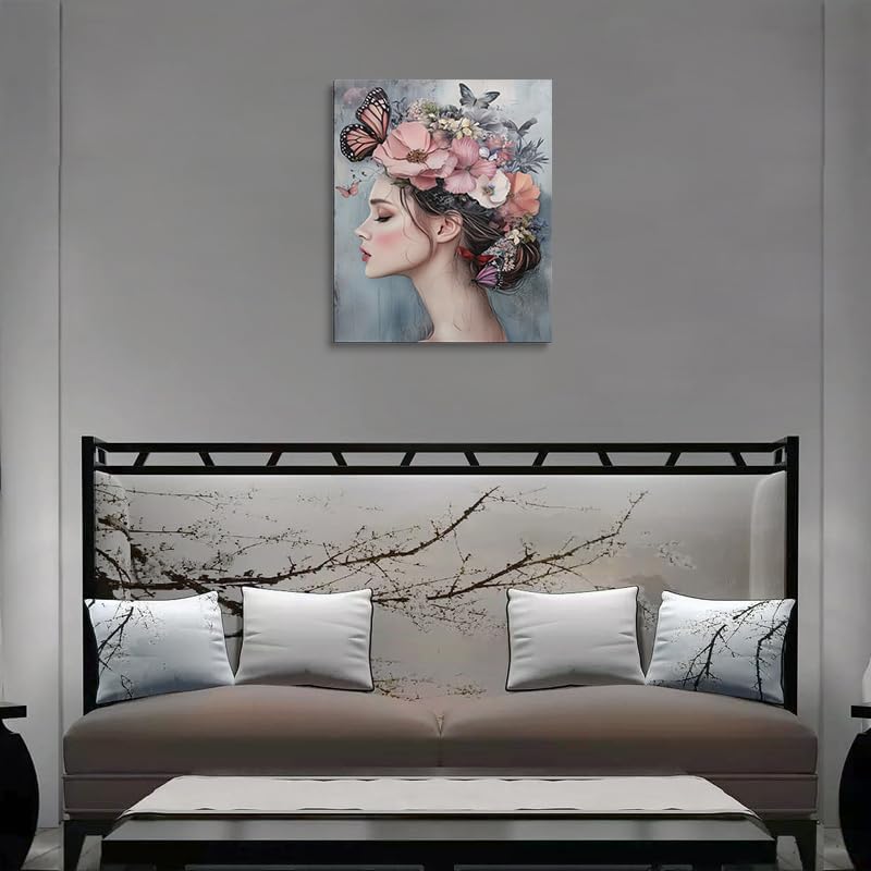 Woman with Flower Crown and Butterflies Canvas Wall Art Framed Print Painting Feminine Floral Portrait Pastel Pink Wall Decor Artwork for Bedroom Nursery Office Dreamy Ethereal Aesthetic 12x16 Inches