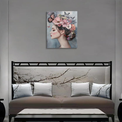 Woman with Flower Crown and Butterflies Canvas Wall Art Framed Print Painting Feminine Floral Portrait Pastel Pink Wall Decor Artwork for Bedroom Nursery Office Dreamy Ethereal Aesthetic 12x16 Inches