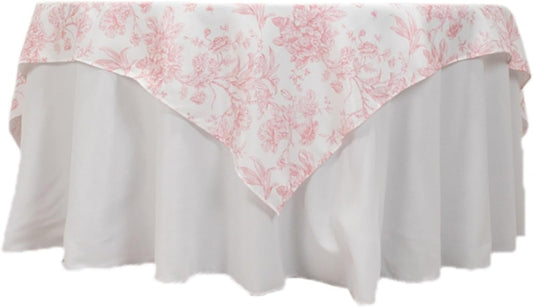 70x70 inch White Pink French Toile Polyester Square Tablecloth Vintage Square Pastoral Floral Rustic Table Cloth Washable Table Cover for Indoor&Outdoor, Farmhouse Decor, Picnic, Tabletop Decoration