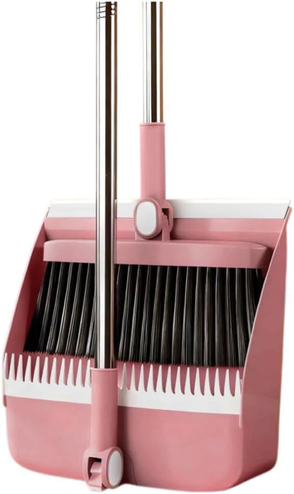 Broom and Dustpan Set, Long Handle Standing Broom with Self-Cleaning Comb Teeth, Heavy Duty Broom Dustpan Combo for Home Kitchen Office Floor Pet Hair Cleaning (Pink)