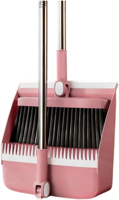 Broom and Dustpan Set, Long Handle Standing Broom with Self-Cleaning Comb Teeth, Heavy Duty Broom Dustpan Combo for Home Kitchen Office Floor Pet Hair Cleaning (Pink)