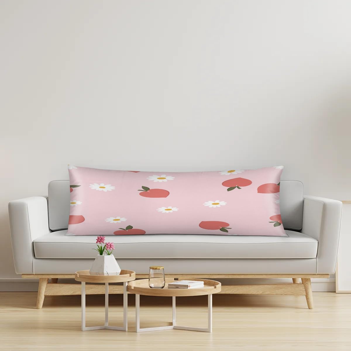 Peach Flower Pink Long Satin Pillowcase with Zipper 21X54 inches Silk Body Pillow Cover for Hair Skin Soft King Pillow Cases Cool Square Throw Pillowcases for Couch Bed Love Gifts