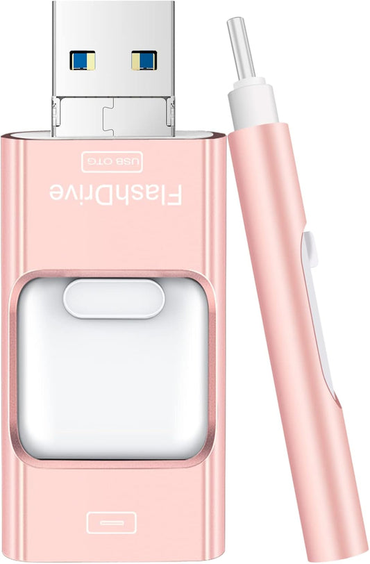 Flash Drive for iPhone 256GB, 4 in 1 USB Type C Memory Stick, Photo Stick External Storage Thumb Drive for iPhone iPad Android Computer, Rose Pink