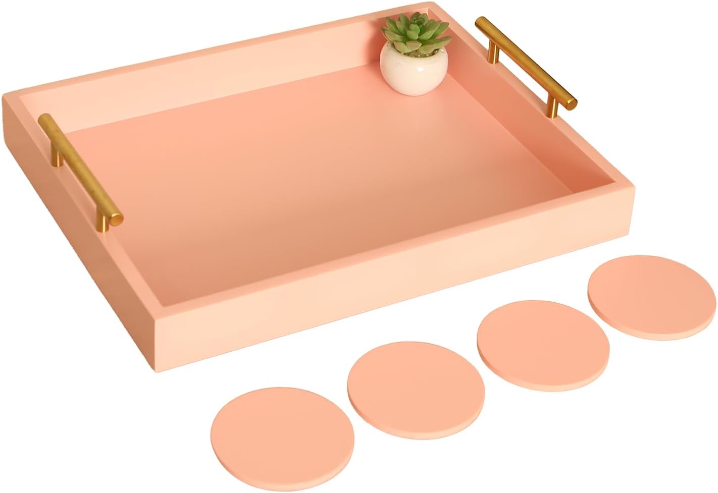 Serving Tray 16.5“X 13“ Deluxe Wooden Ottoman Tray, Food Tray for Eating, Dinner Trays for Eating on Couch Coffee Table with Polished Gold Metal Handles-4 Round Coasters Included（Pink）