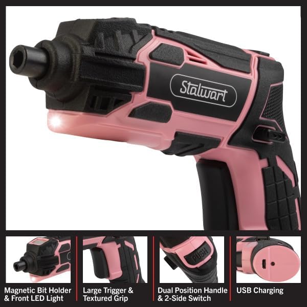 Electric Screwdriver Cordless Drill with Battery and Charger - 45-Piece Cordless Screwdriver Set with LED Light, USB Cable, Dual Position Screw Gun and Bits for Home, Office and DIY by Stalwart (Pink)