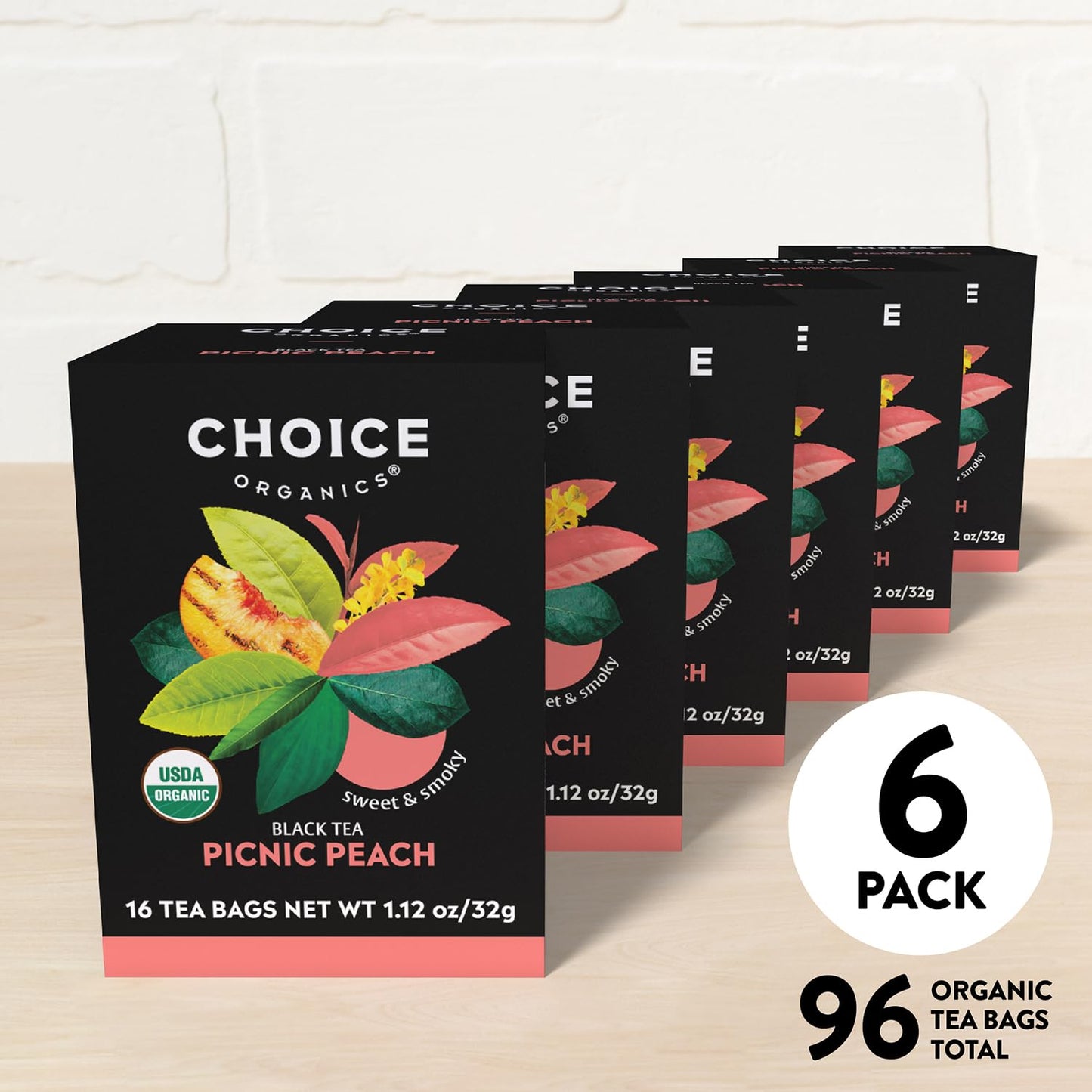 Organic Picnic Peach Tea (6 Pack) - Rainforest Alliance - Contains Caffeine - 96 Organic Black Tea Bags