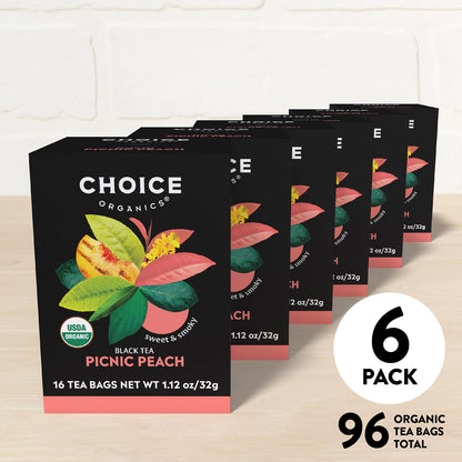 Organic Picnic Peach Tea (6 Pack) - Rainforest Alliance - Contains Caffeine - 96 Organic Black Tea Bags