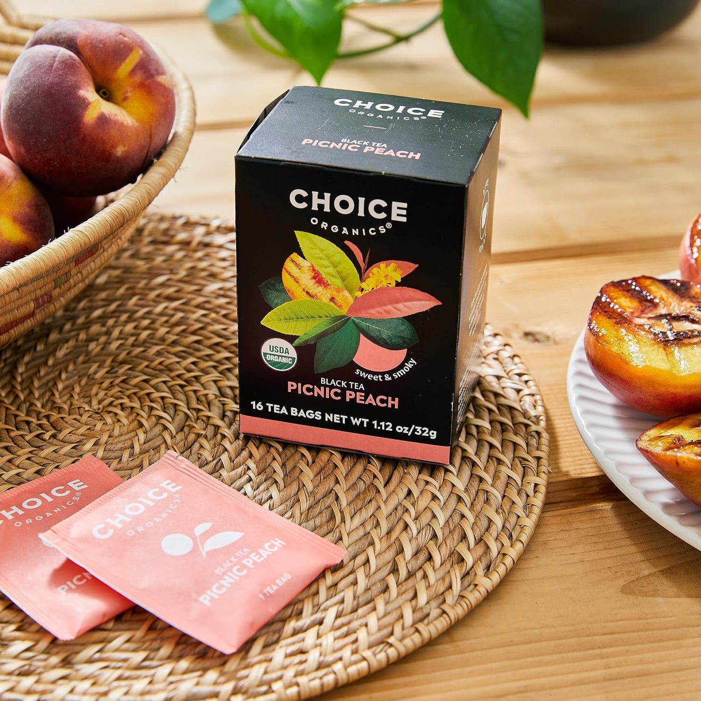 Organic Picnic Peach Tea (6 Pack) - Rainforest Alliance - Contains Caffeine - 96 Organic Black Tea Bags
