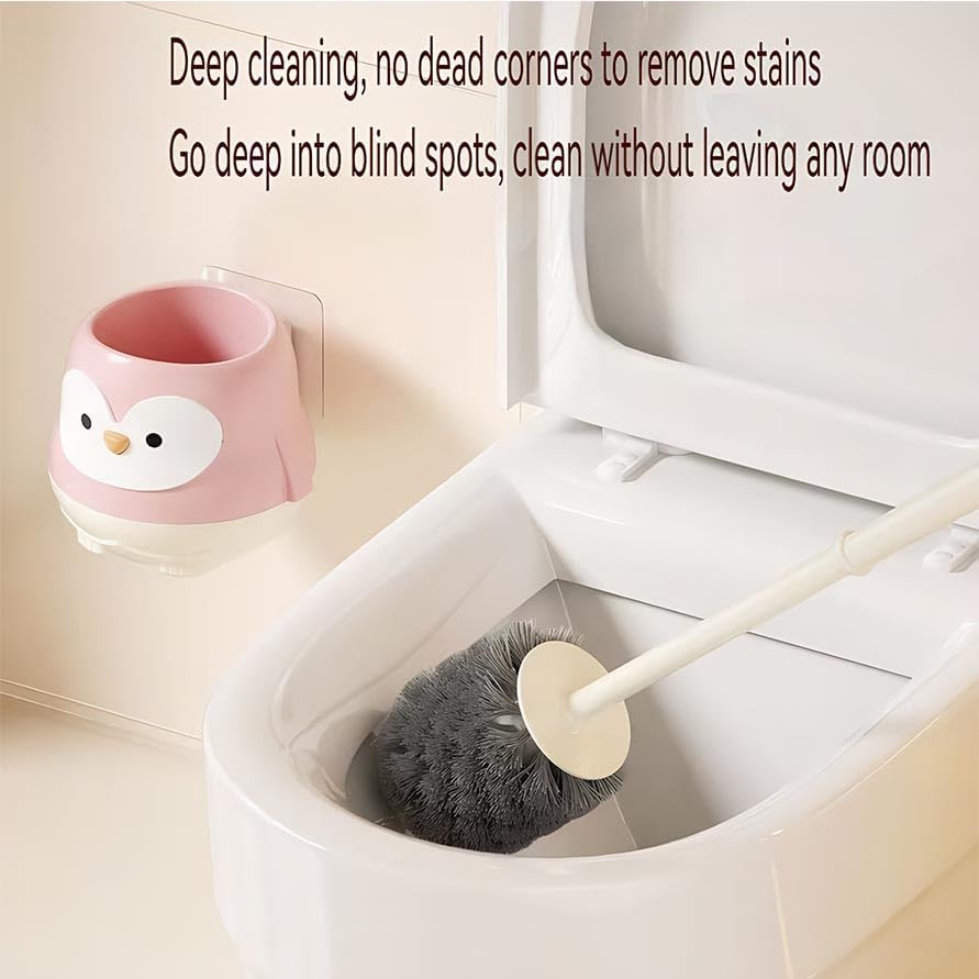 Penguin Toilet Brush and Holder Set - Cute Cartoon Long Handle Bathroom Cleaning Brush for Effective Home Use(Pink)