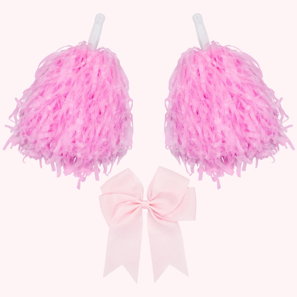 CREATCABIN 4Pcs Cheerleading Pom Poms Large Cheerleader Hair Bow Pink Plastic Cheer Pompoms Cheerleading Accessories with Handle for Team Spirit Sports Dance Cheering Party Basketball Football Rooters