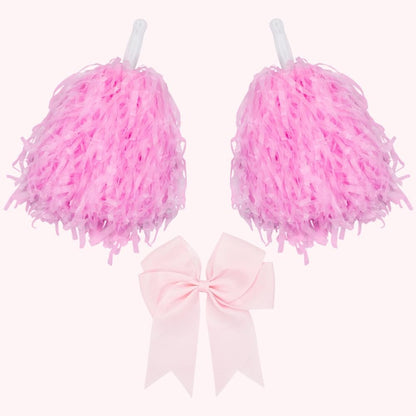 CREATCABIN 4Pcs Cheerleading Pom Poms Large Cheerleader Hair Bow Pink Plastic Cheer Pompoms Cheerleading Accessories with Handle for Team Spirit Sports Dance Cheering Party Basketball Football Rooters