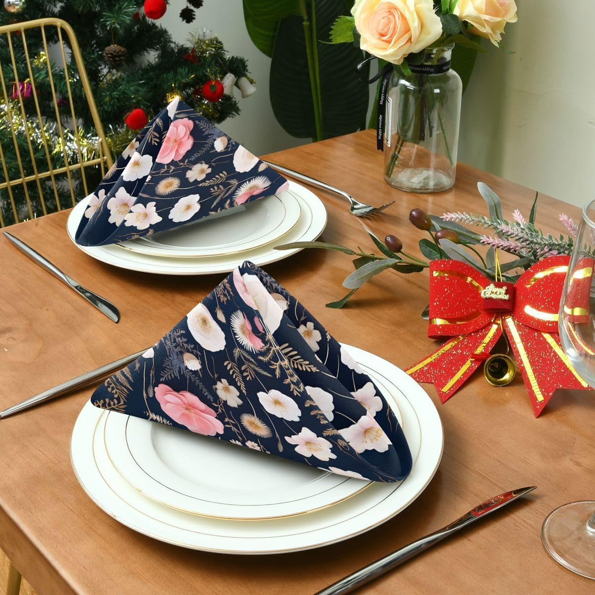 ALAZA Pink White Flowers Cloth Napkins Dinner Napkins 1 Piece,Reusable Table Napkins Washable Polyester Fabric for Cocktail Party Holiday Wedding Home Decorative