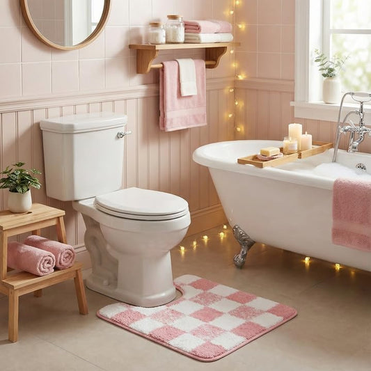 GRANNY SAYS Toilet Rugs U Shaped Washable Non Slip, Toilet Mats for Bathroom Soft Plush Shaggy Absorbent, Microfiber Bath Mats for Bathroom Toilets Cute Decor, 20" x 24", Checkered Pink