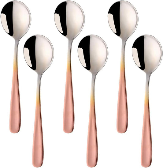 Buyer Star Bouillon Spoon Sets, 7-Inch Round Soup Spoons, Stainless Steel Finished Table Dinner Spoons (Gradient Rose Gold)