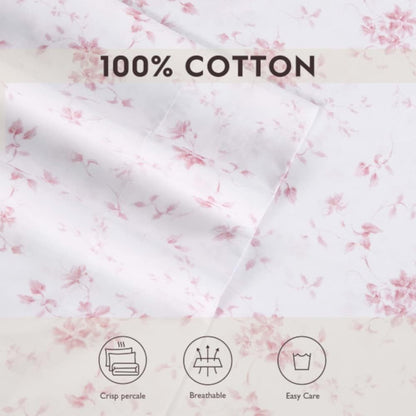 Laura Ashley Home - Standard Pillowcase Set, Cotton Sateen Bedding, Smooth & Wrinkle-Resistant (Garden Muse Pink, 2 Piece)