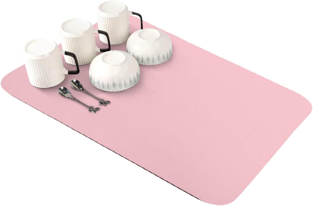 Pink Dish Drying Mat for Kitchen Counter, Modern Solid Pink Ultra Absorbent Coffee Mat/Dish Drainer, Romantic Pink Quick Drying & Non-Slip Rubber Backed Drying Mat Rack Pad, 16" W x 18" L