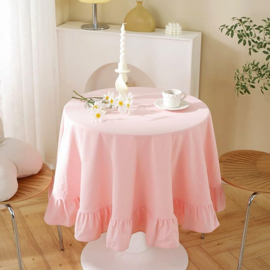 HAIRUO Cotton Linen Table Cloths Retro Farmhouse Heavy Fabric Table Cover Pink White Washable Table Top for Parties Coffee Kitchen Picnic Round Table Cloth (Pink,Round, 47")