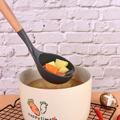 Silicone Soup Ladle - with Wooden Handle, Non-Stick Cookware Heat Resistant Kitchen Utensil (Pink)