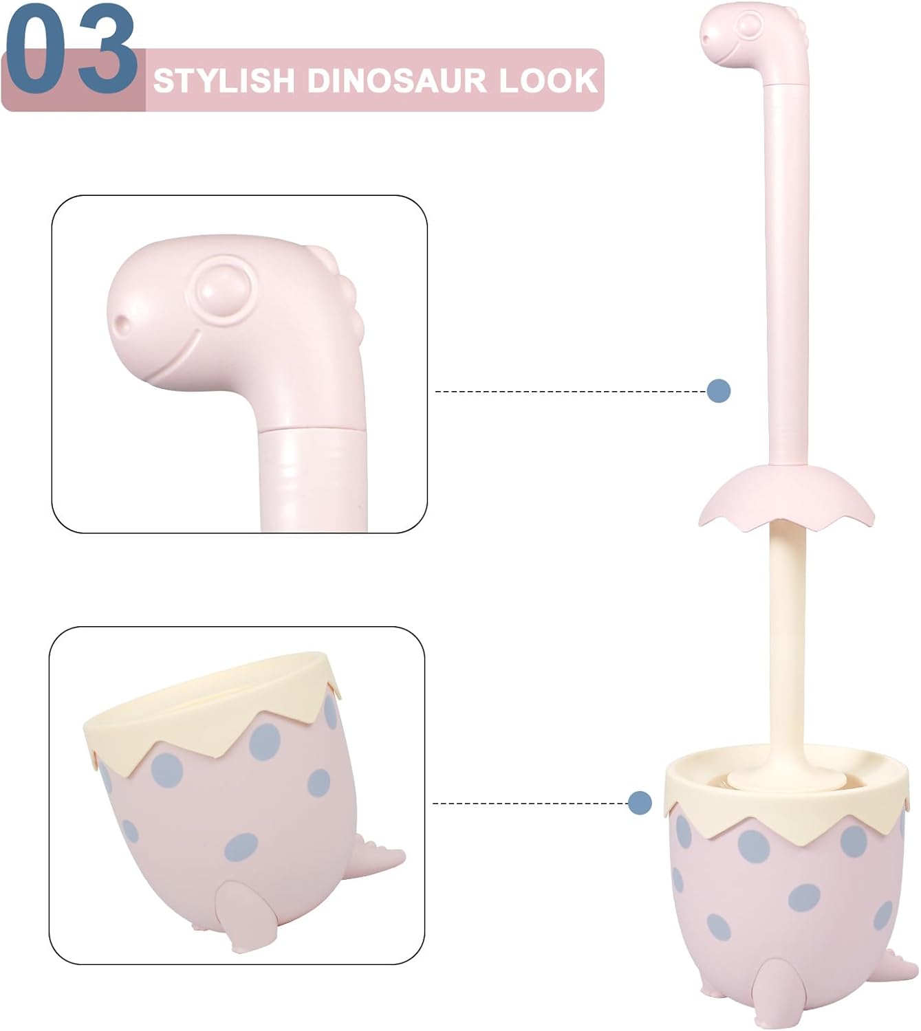 Dinosaur Shape Toilet Brush, Cute, Compact, 1-Pack, Pink, TPR Bristles