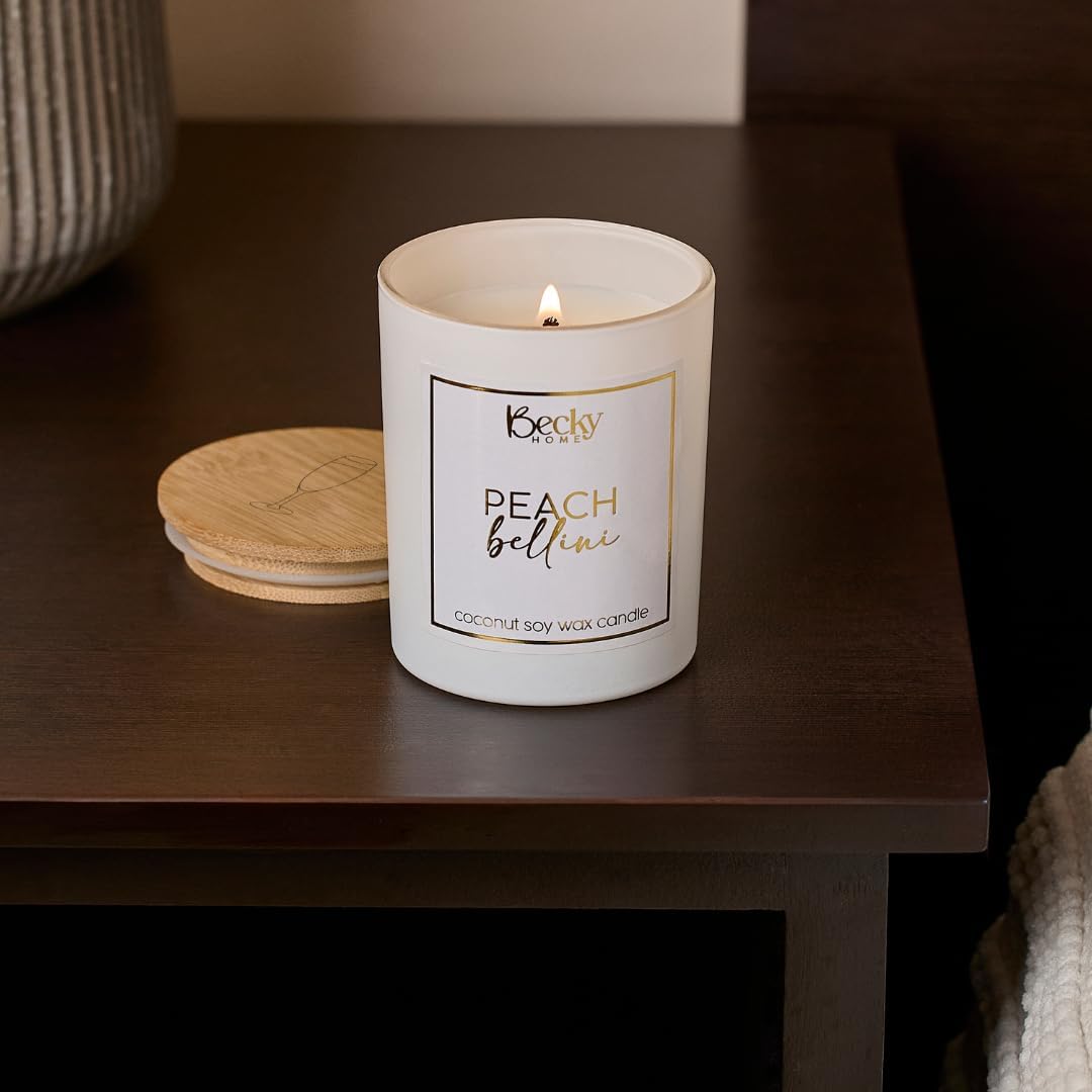 Peach Bellini Candle | Sweet Peach Scented Candle | Natural Coconut Soy Candles | 8 Ounce Modern Luxury Home Decor Novelty Candle | Long Lasting Fragrance with 35 Hour Burn Time