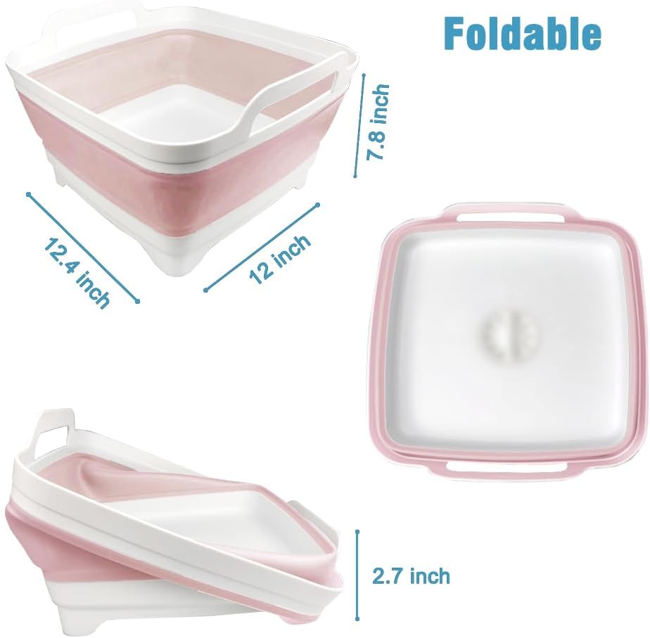 Dish Basin Collapsible with Drain Plug Carry Handles for 9L Large Capacity, Washing Basin, Collapsible Dish Tub for RV Sink, Vegetable, Fruit, Food Sink Strainer Dish Washing Tub - Pink