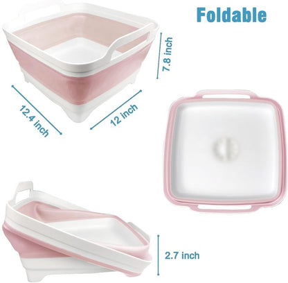 Dish Basin Collapsible with Drain Plug Carry Handles for 9L Large Capacity, Washing Basin, Collapsible Dish Tub for RV Sink, Vegetable, Fruit, Food Sink Strainer Dish Washing Tub - Pink