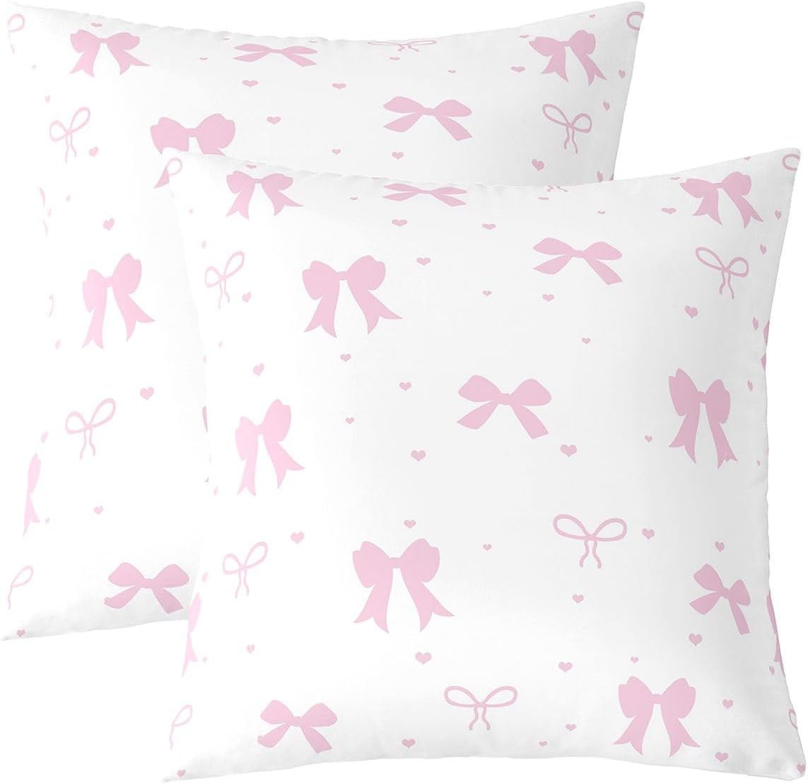 Feelyou Light Pink Bow Throw Pillow Covers Set of 2 Cute Princess Bowknot Cushion Case Kawaii Love Heart Pattern Decor Pillowcase Indoor Outdoor Super Soft 22 x 22-Inch