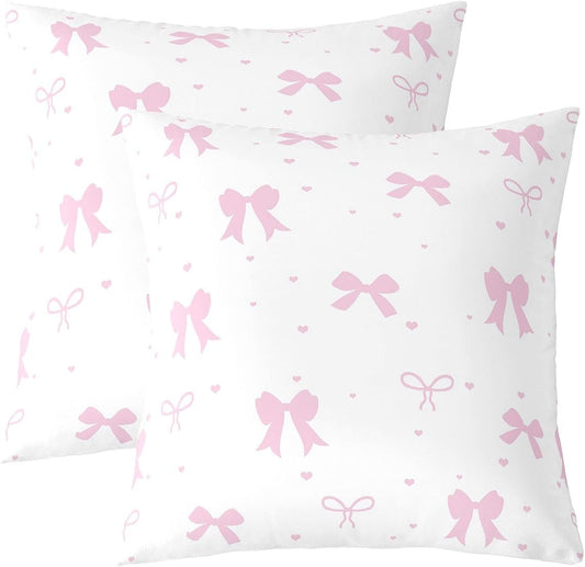 Feelyou Light Pink Bow Throw Pillow Covers Set of 2 Cute Princess Bowknot Cushion Case Kawaii Love Heart Pattern Decor Pillowcase Indoor Outdoor Super Soft 22 x 22-Inch