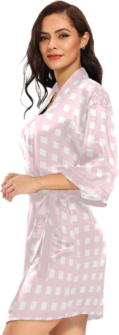 Pink Checkered Pattern Woman's Bathrobe with Pockets Boxer Bathrobe for Swim Party