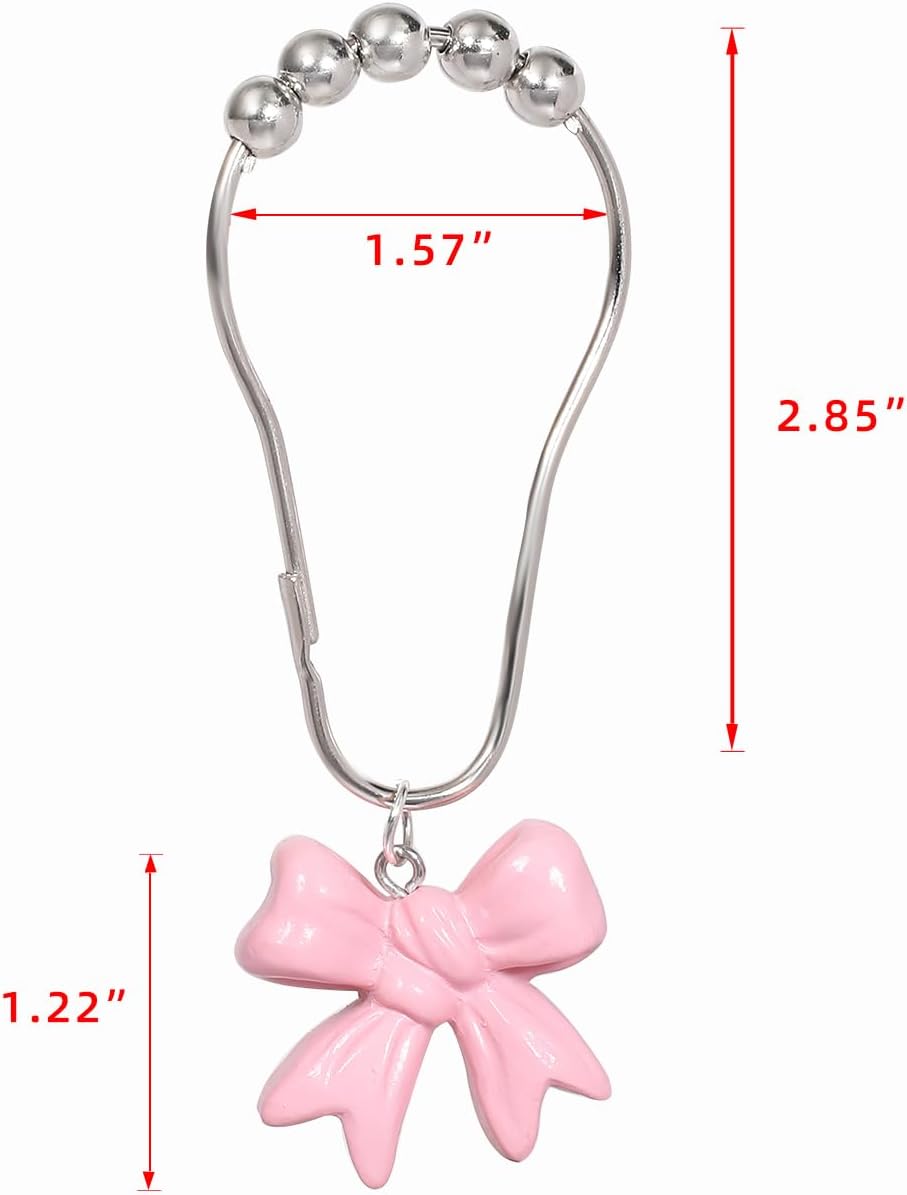 SUQ I OME 12PCS Decorative Shower Curtain Hooks, Pink Bow Knot Resin Curtain Hooks Shower Rings for Bathroom