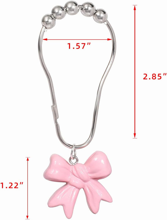 SUQ I OME 12PCS Decorative Shower Curtain Hooks, Pink Bow Knot Resin Curtain Hooks Shower Rings for Bathroom