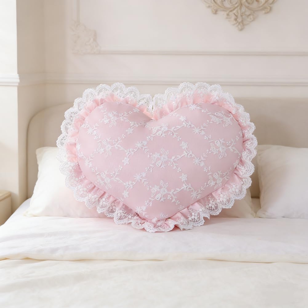 Elegant Lace Heart Shaped Throw Pillow, Cute Heart Decorative Throw Pillows for Bed Couch Chair Sofa, Living Room Bedroom Decor (Pink)