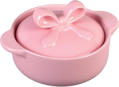 LemonRoad Pink Ceramic Casserole Dish with Lid 2.64 Qt Dutch Oven Pot with Bow Lid Dual Handles Stovetop Safe Braiser, Soup Pot for Baking, Roasting, Serving, Stew Rice Stylish Cookware