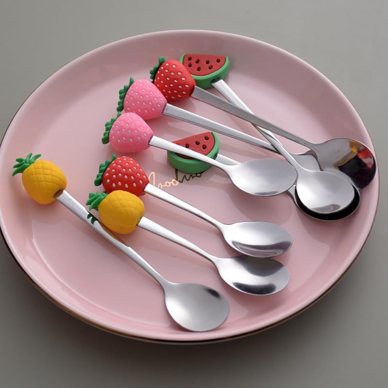 Silverware Flatware Set, 1/4/6/8/10/12 Pcs Creative Cute Fruit Spoon Household Stainless Steel Stirring Spoon Short Handle Spoon Yogurt Ice Cream Spoon Dessert Spoon(Pink,12 Pieces)