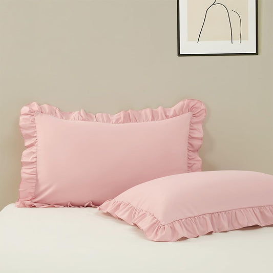 Pillow Cases Standard Size Set of 2, 20x26 Envelope Closure Pillowcase Pink Ruffle Pillow Cases, Soft Breathable and Non Shrinking Microfiber Ruffled Pillow Shams Scalloped Pillow Cases