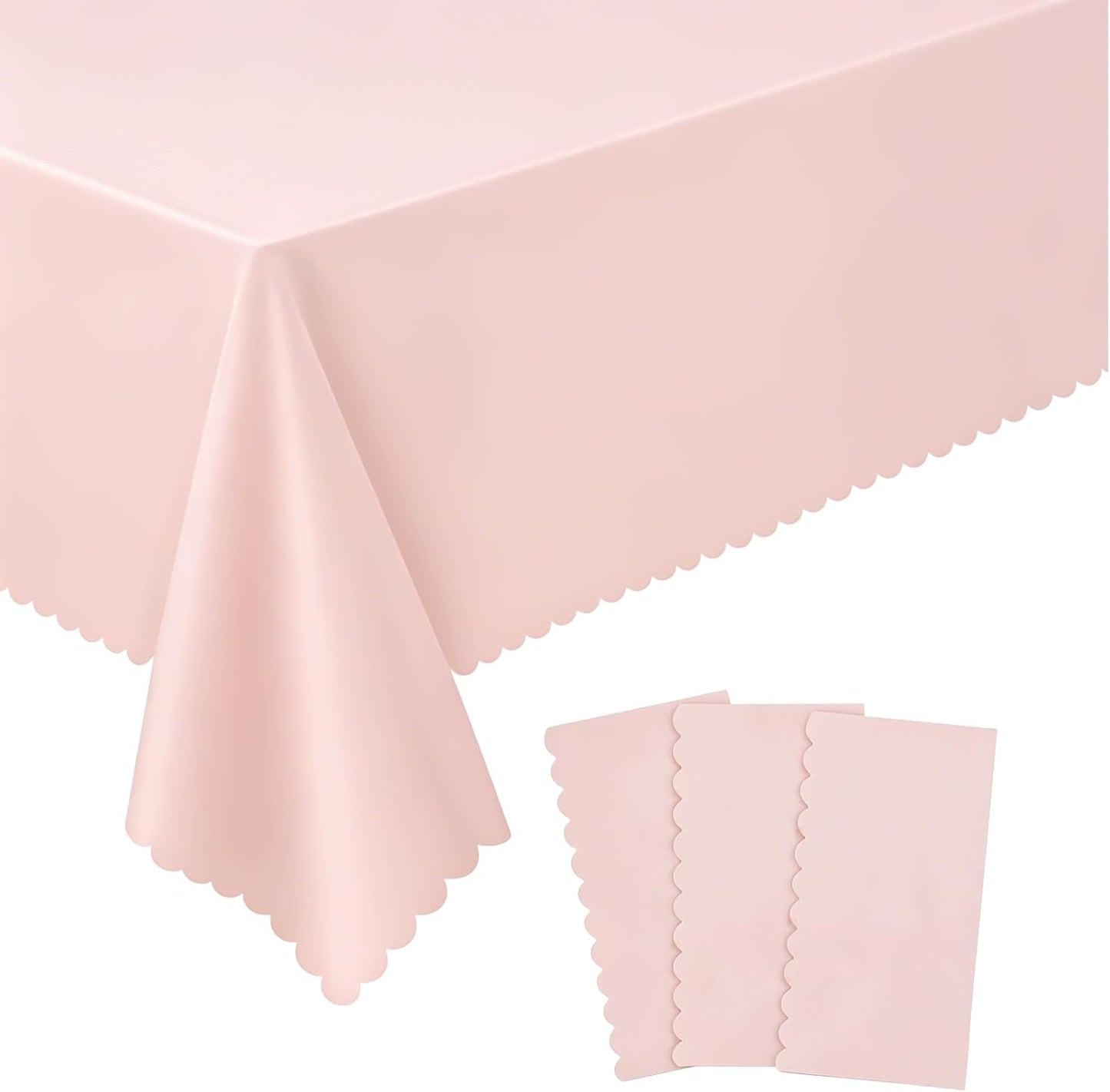 3 Pack Plastic Light Pink Tablecloths, 54 X 108Inch Disposable Spring Tablecloth Scalloped Pink Table Cloth for Rectangle Tables Table Cover for Girls Birthday Baby Bridal Shower Tea Party Wedding