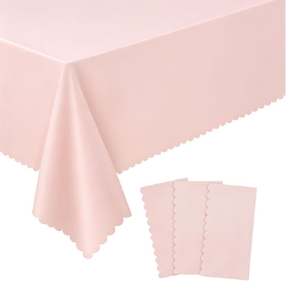 3 Pack Plastic Light Pink Tablecloths, 54 X 108Inch Disposable Spring Tablecloth Scalloped Pink Table Cloth for Rectangle Tables Table Cover for Girls Birthday Baby Bridal Shower Tea Party Wedding