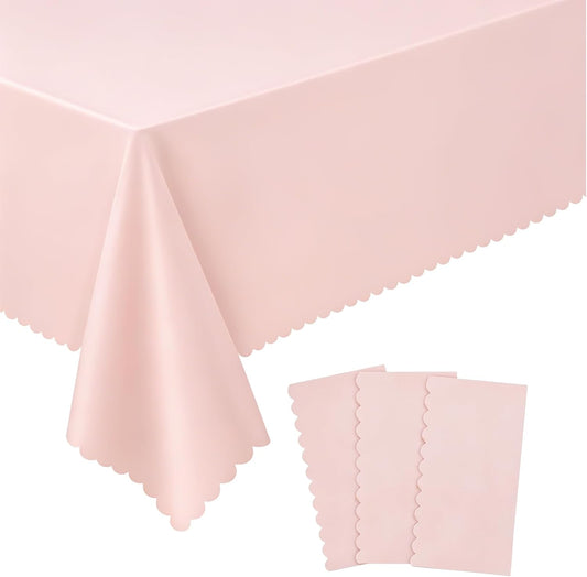 3 Pack Plastic Light Pink Tablecloths, 54 X 108Inch Disposable Spring Tablecloth Scalloped Pink Table Cloth for Rectangle Tables Table Cover for Girls Birthday Baby Bridal Shower Tea Party Wedding