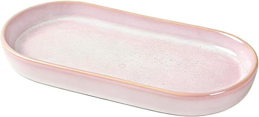 Glossy Pink Ceramic Bathroom Tray for Countertop, Small Vanity Organizer Dish for Perfume, Jewelry, Soap & Toiletries, Oval Decorative Tray for Bathroom Sink, Dresser, Minimalist Home Decor