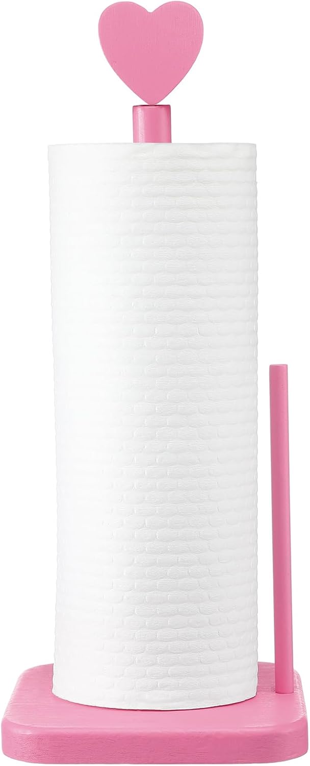 Leinuosen Valentines Day Pink Heart Paper Towel Holder Cute Heart Wooden Paper Towel Holder Pink Bathroom Countertop Accessories Kitchen Roll Stand Organizer Standing Apartment Decor Housewarming Gift