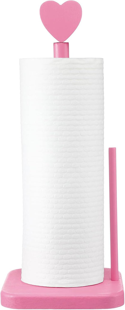 Leinuosen Valentines Day Pink Heart Paper Towel Holder Cute Heart Wooden Paper Towel Holder Pink Bathroom Countertop Accessories Kitchen Roll Stand Organizer Standing Apartment Decor Housewarming Gift