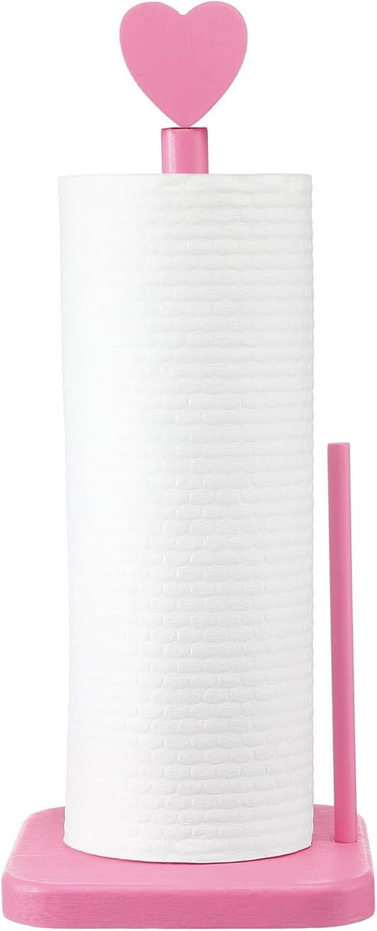 Leinuosen Valentines Day Pink Heart Paper Towel Holder Cute Heart Wooden Paper Towel Holder Pink Bathroom Countertop Accessories Kitchen Roll Stand Organizer Standing Apartment Decor Housewarming Gift